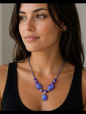 Genuine Lapis Lazuli Beaded Blue Statement Three Gemstone Artisan Necklace
